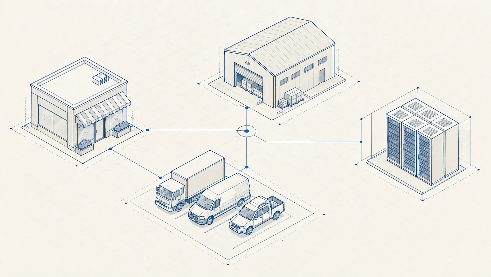 Line drawing of a shopfront, a warehouse, delivery vans and a server rack wired together as one operation