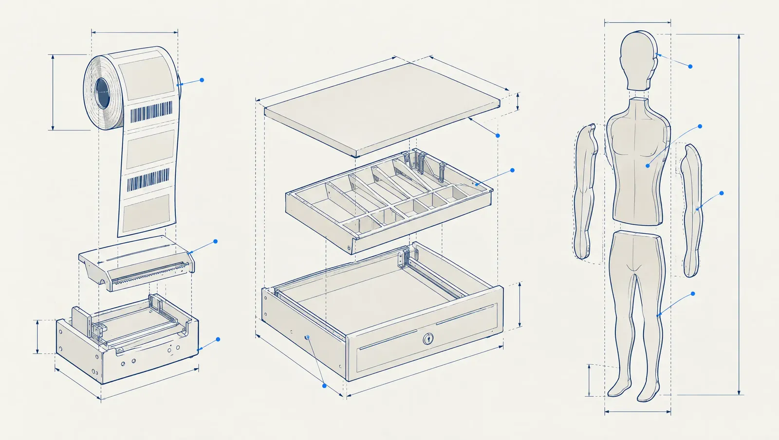Exploded line drawing of a receipt printer, a cash drawer and a shop mannequin